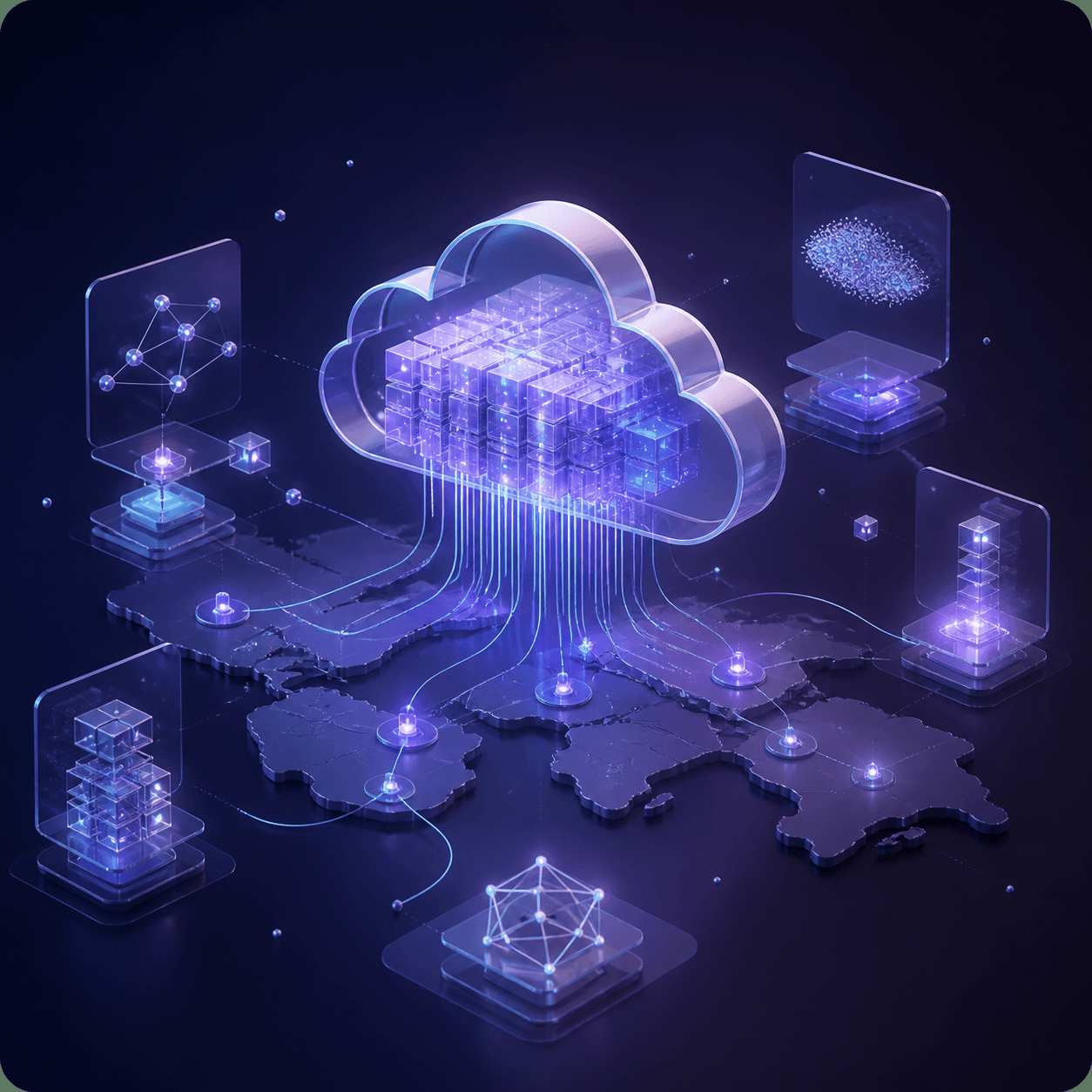 Ilustración de infraestructura cloud, datos e inteligencia artificial